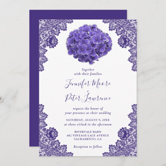 Invitación a la boda floral púrpura rústica (Anverso / Reverso)