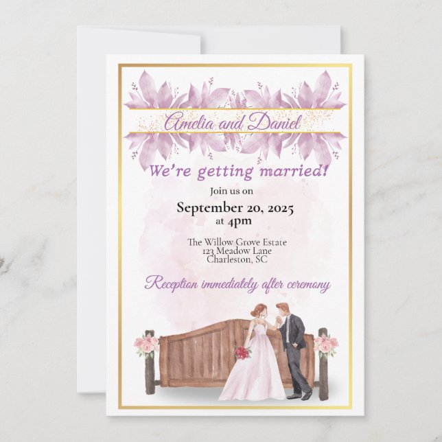 Invitación a la boda floral púrpura rústica (Anverso)