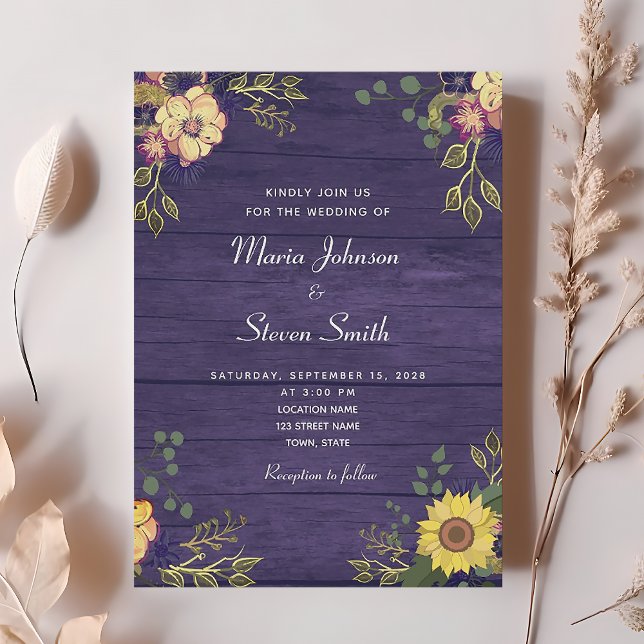 Invitación a la boda floral púrpura rústica del pa (Subido por el creador)