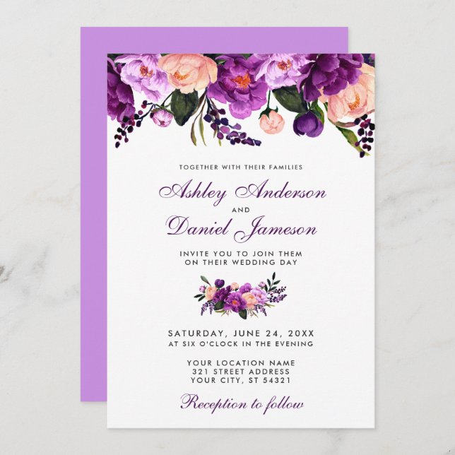 Invitación a la boda floral púrpura ultra violeta  (Anverso / Reverso)