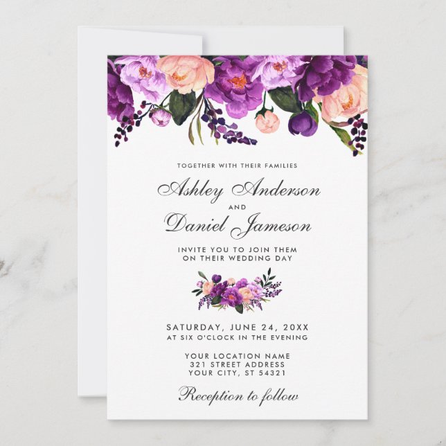 Invitación a la boda floral púrpura ultra violeta (Anverso)