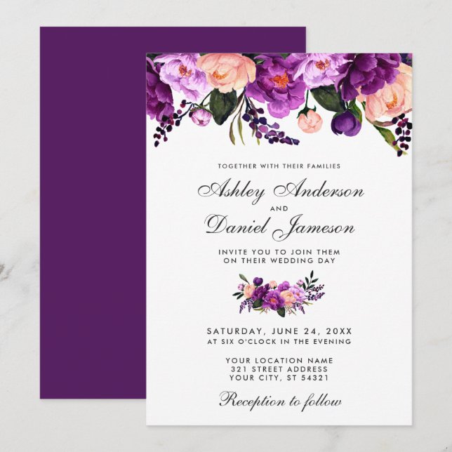 Invitación a la boda floral púrpura ultra violeta  (Anverso / Reverso)