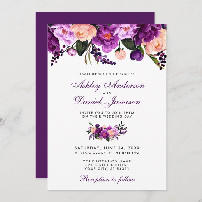 Invitación a la boda floral púrpura ultra violeta  (Anverso / Reverso)