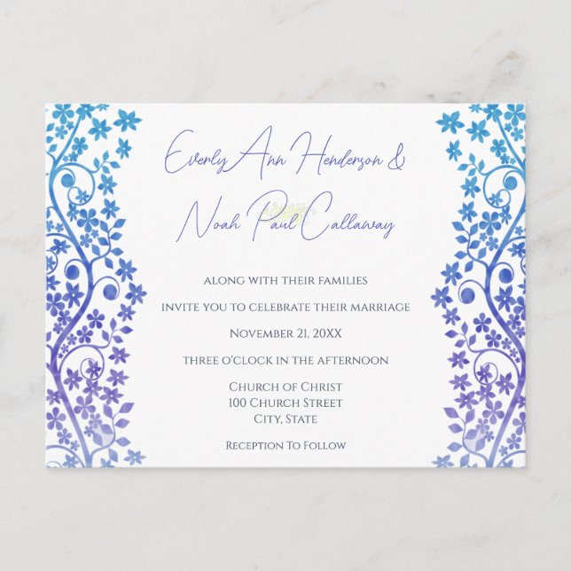 Invitación a la boda Floral púrpura y azul (Anverso)