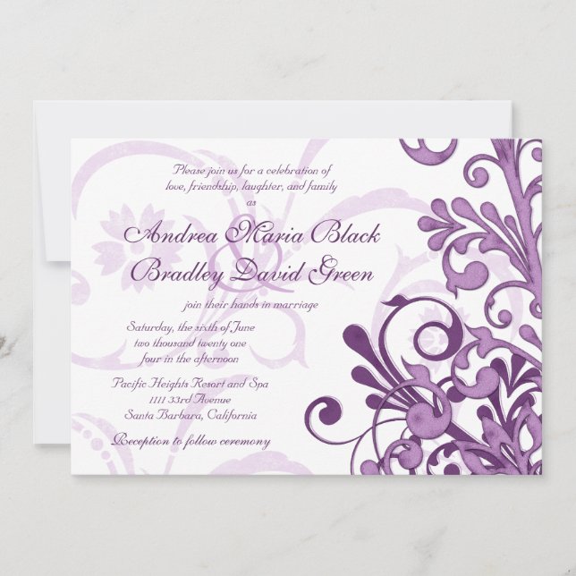 Invitación a la Boda Floral Púrpura y Blanca (Anverso)