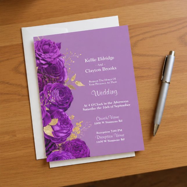 Invitación a la Boda Floral Púrpura Y Dorada (Subido por el creador)