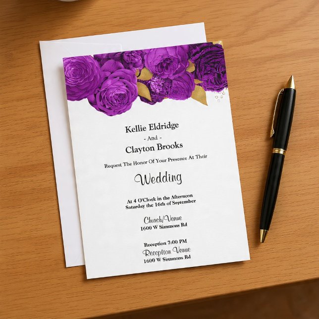 Invitación a la Boda Floral Púrpura Y Dorada (Subido por el creador)