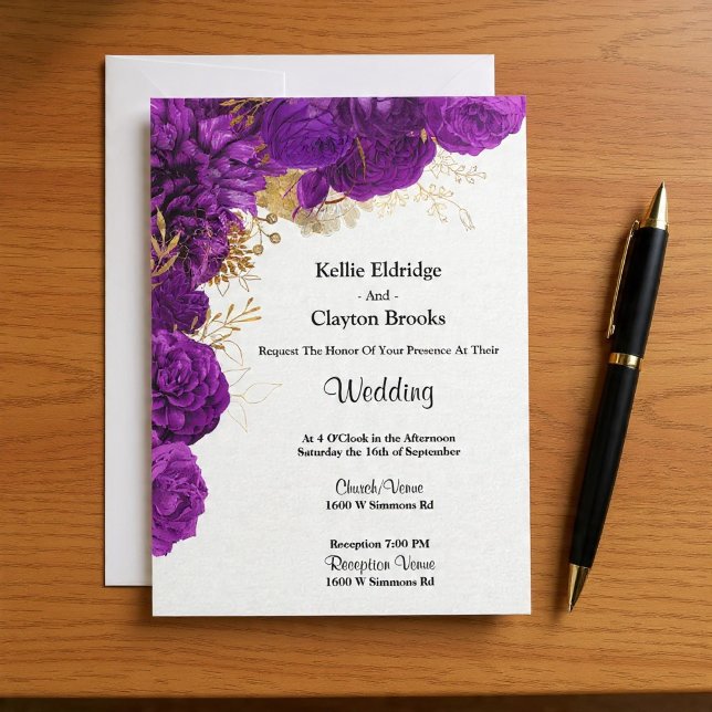 Invitación a la Boda Floral Púrpura Y Dorada (Subido por el creador)