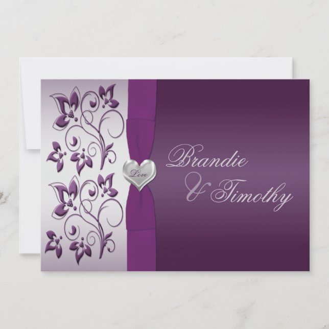 Invitación a la boda floral púrpura y plateada (Anverso)
