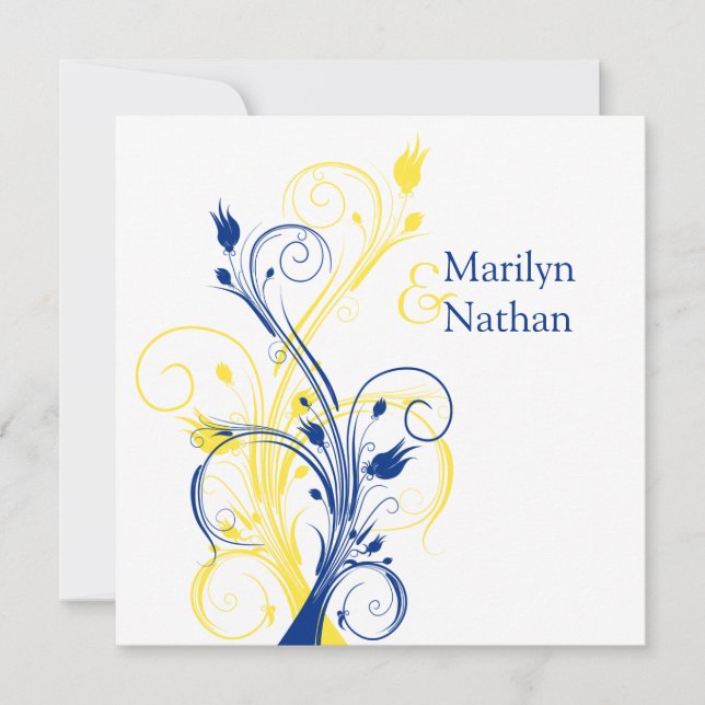 Invitación a la boda floral real azul, amarilla y  (Anverso)
