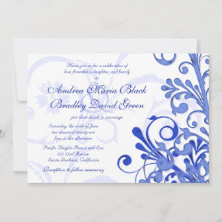 Invitación a la boda floral real azul y blanca