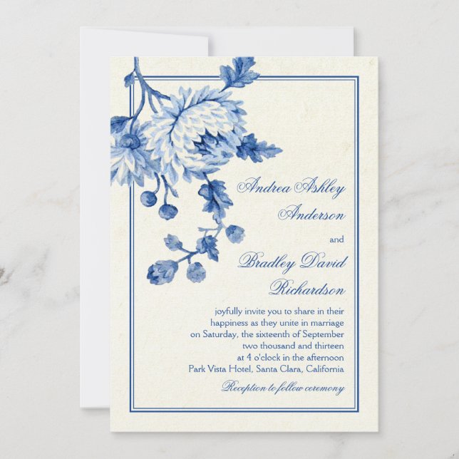 Invitación a la boda floral real con toile azul de (Anverso)