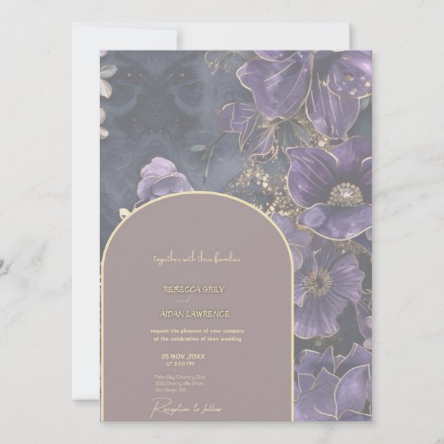 Invitación a la Boda Floral Regal Púrpura y Dorada (Anverso)
