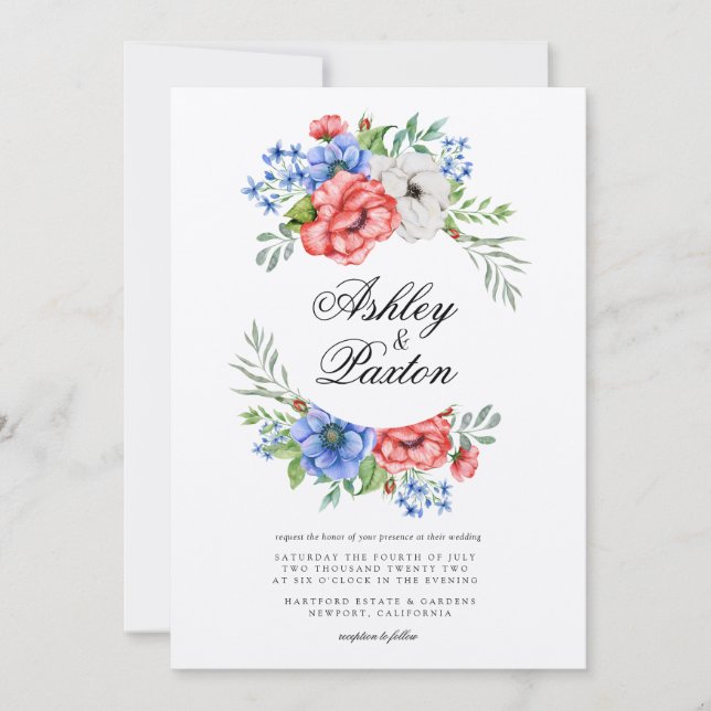 Invitación a la boda floral roja, blanca y azul (Anverso)