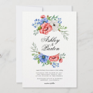 Invitación a la boda floral roja, blanca y azul