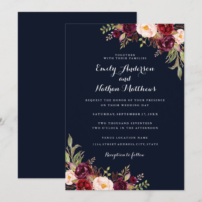 Invitación a la boda floral roja borgoñona (Anverso / Reverso)