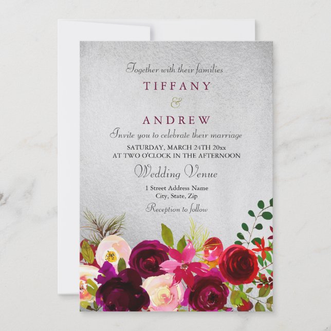 Invitación a la boda floral roja burgundy metálica (Anverso)