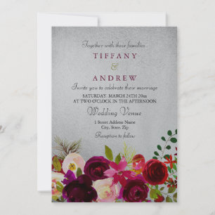 Invitación a la boda floral roja burgundy metálica