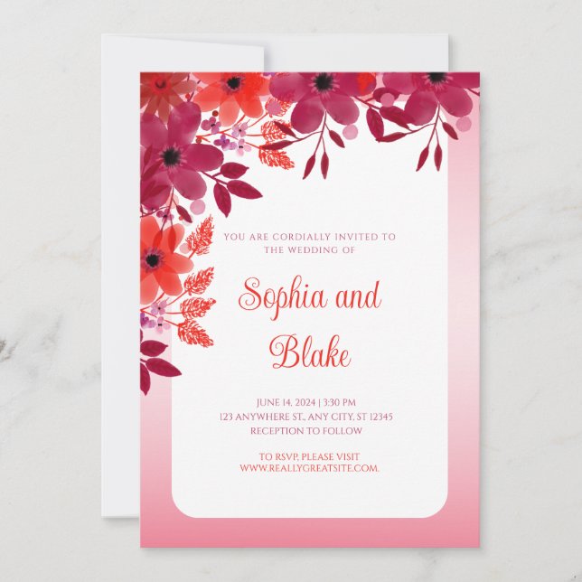 Invitación a la boda floral roja de bonito (Anverso)