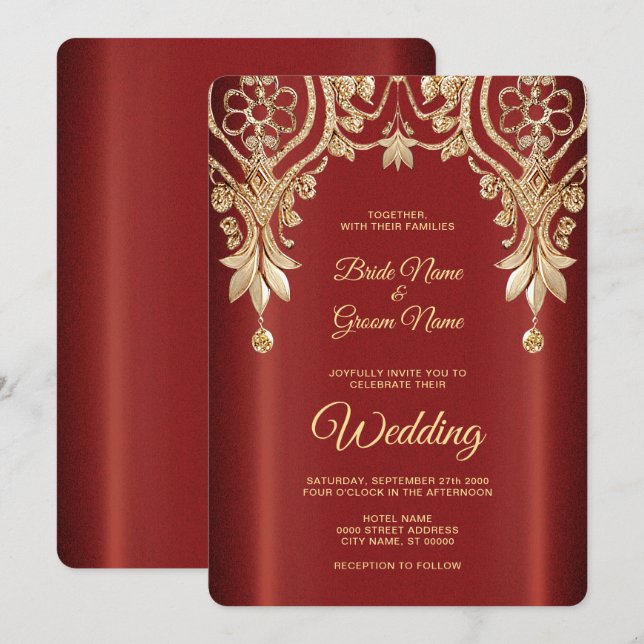Invitación a la Boda Floral Roja de Oro Moderno (Anverso / Reverso)