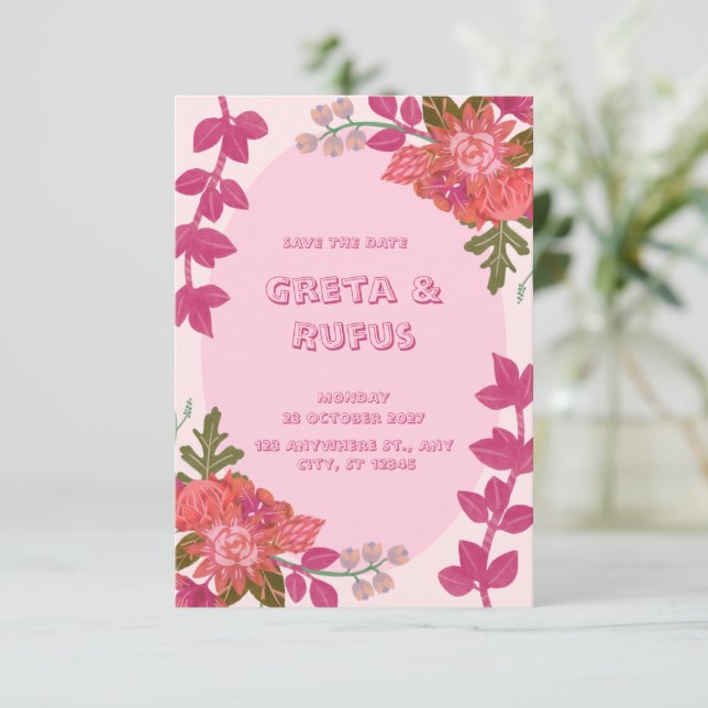 Invitación a la boda floral roja rosada (Anverso de pie)