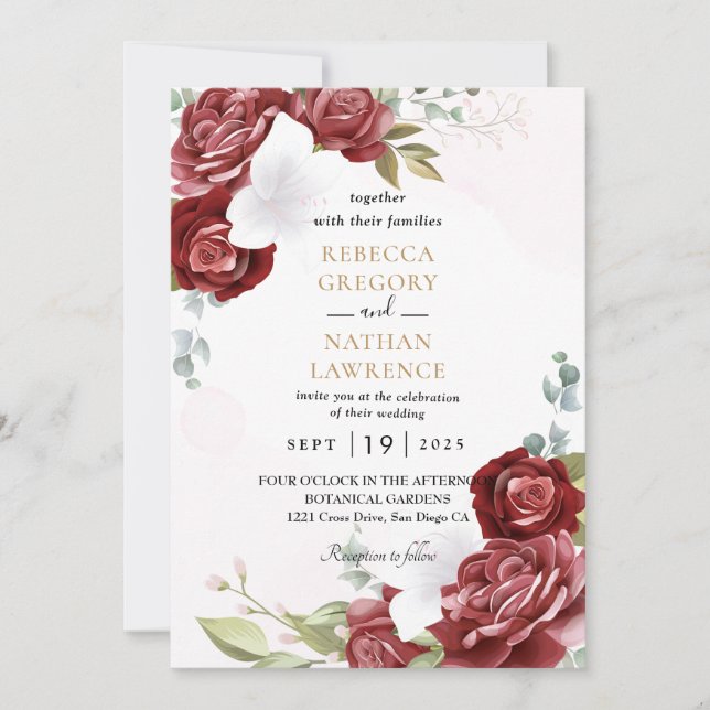 Invitación a la boda floral roja y blanca (Anverso)
