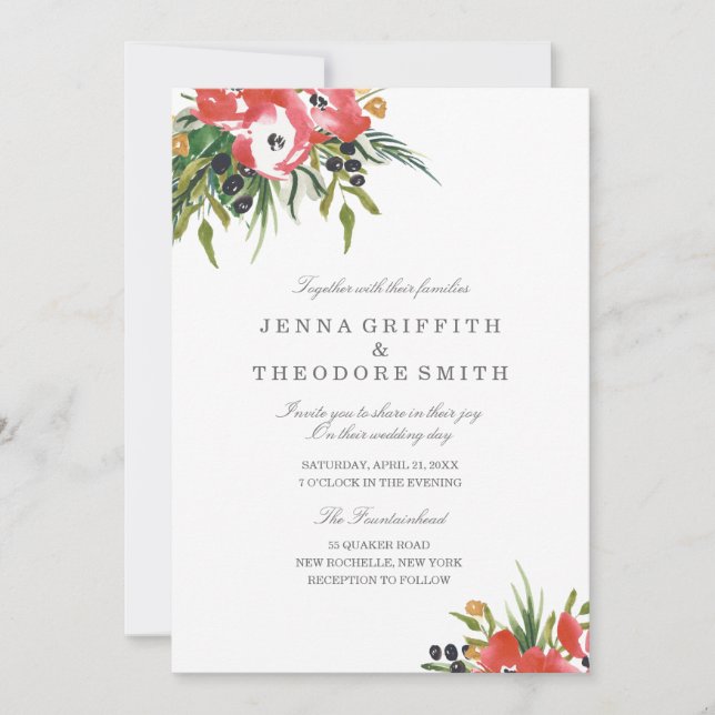 Invitación a la boda floral rojiza (Anverso)