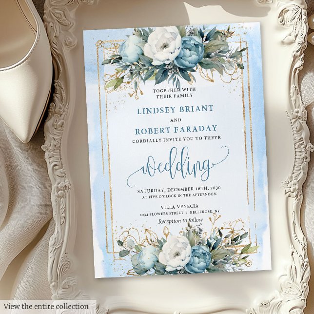 Invitación a la Boda Floral Romántica Dusty Blue G (Romantic Dusty Blue Gold Floral Wedding Invitation)