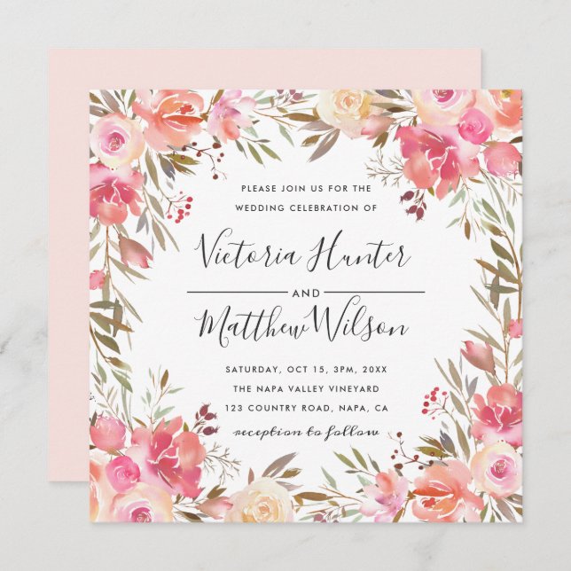 Invitación a la boda floral romántica en el florec (Anverso / Reverso)