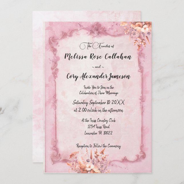 Invitación a la boda floral romántica estilo rococ (Anverso / Reverso)