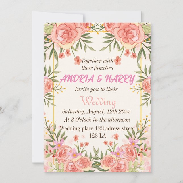 Invitación a la boda floral rosa (Anverso)