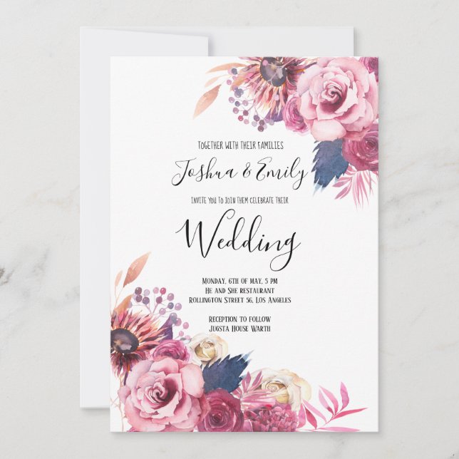 Invitación a la boda floral rosa azul (Anverso)