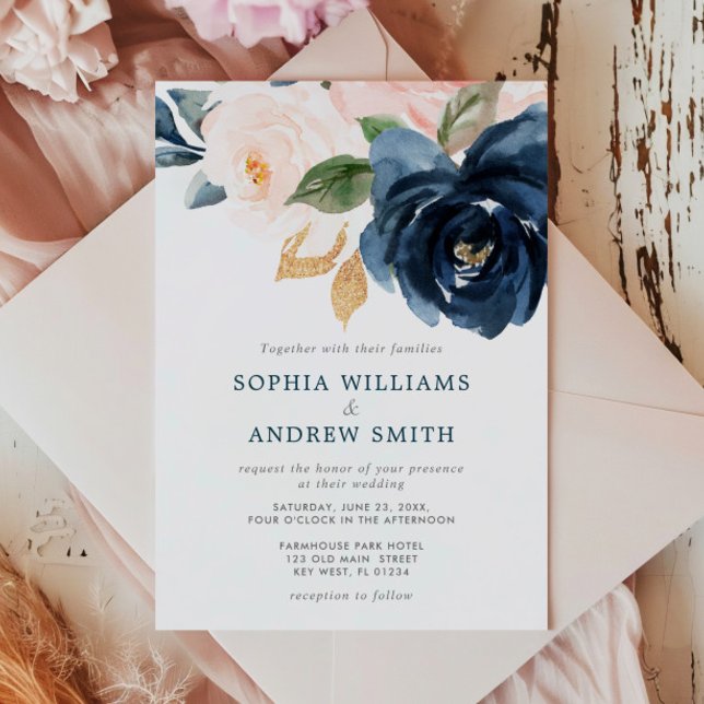 Invitación a la boda floral rosa azul de la marina (Subido por el creador)