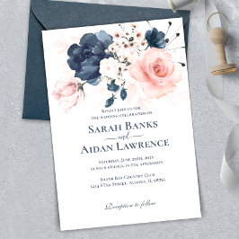 Invitación a la boda floral rosa azul marino y Rub