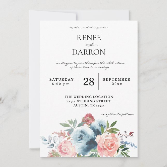 Invitación a la boda floral rosa azul y Rubor para (Anverso)