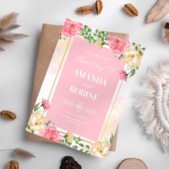 Invitación a la boda floral rosa brillante (Subido por el creador)