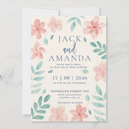 Invitación a la boda floral rosa color de agua de 