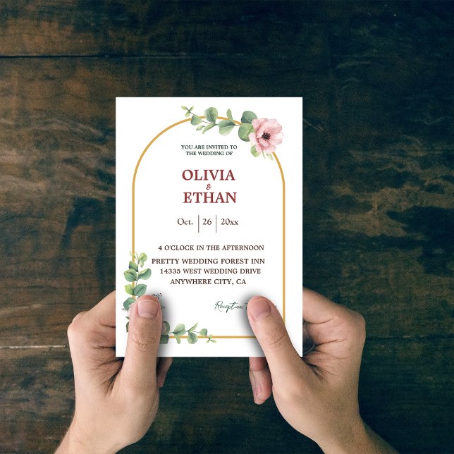Invitación a la boda floral rosa con marco dorado  (Subido por el creador)