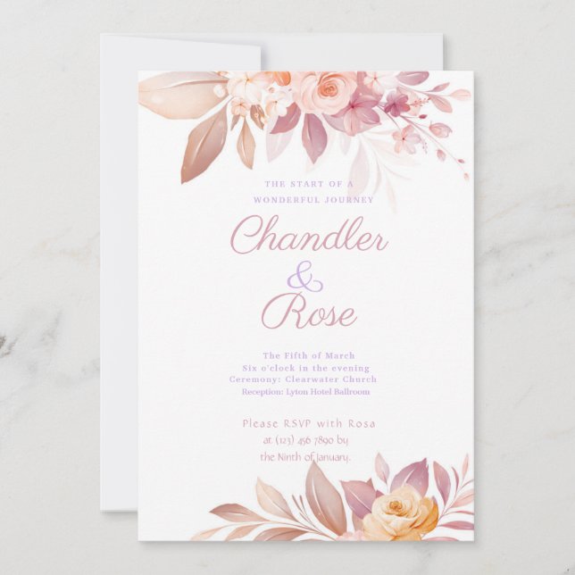 Invitación a la boda floral rosa de bonito (Anverso)