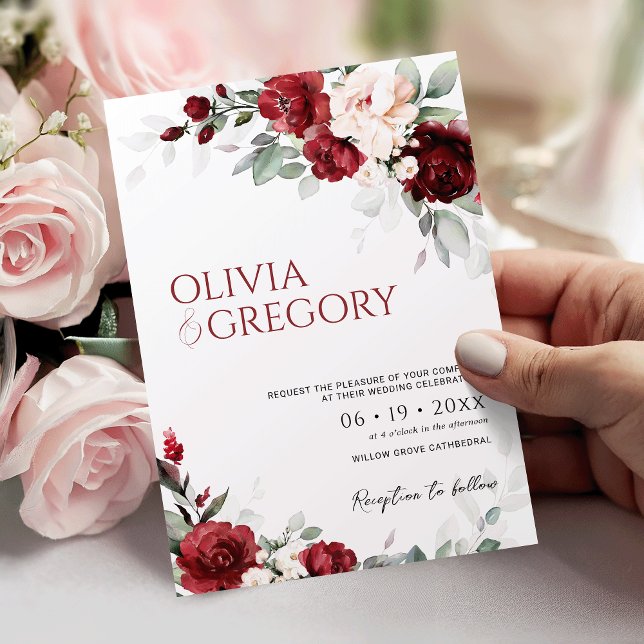 Invitación a la boda floral rosa de Borgoña y Rubo (Subido por el creador)