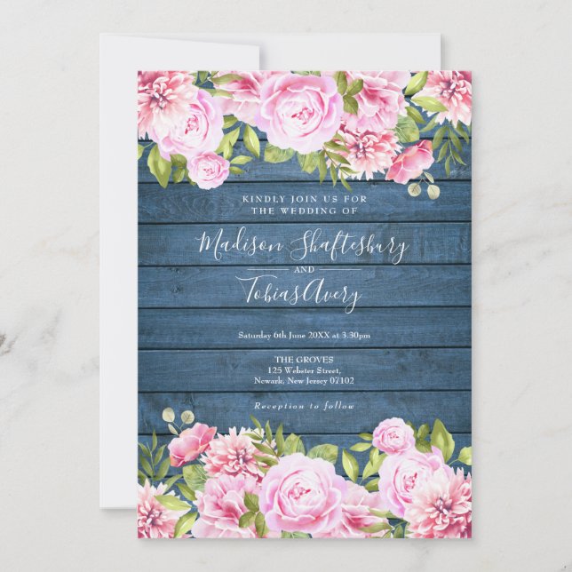 Invitación a la boda floral rosa de la madera azul (Anverso)