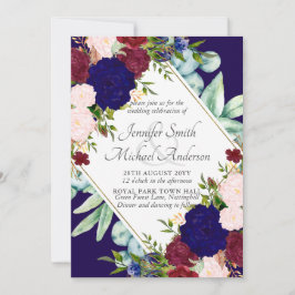 Invitación a la boda floral rosa de la Marina Azul
