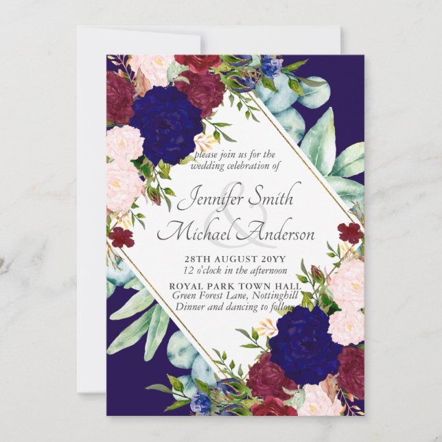 Invitación a la boda floral rosa de la Marina Azul (Anverso)