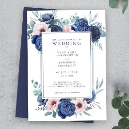 Invitación a la boda floral rosa de la Marina Azul