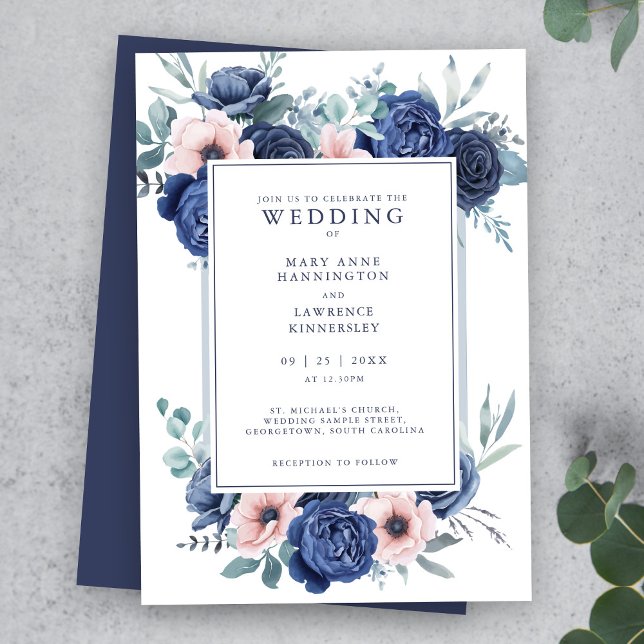 Invitación a la boda floral rosa de la Marina Azul (Subido por el creador)