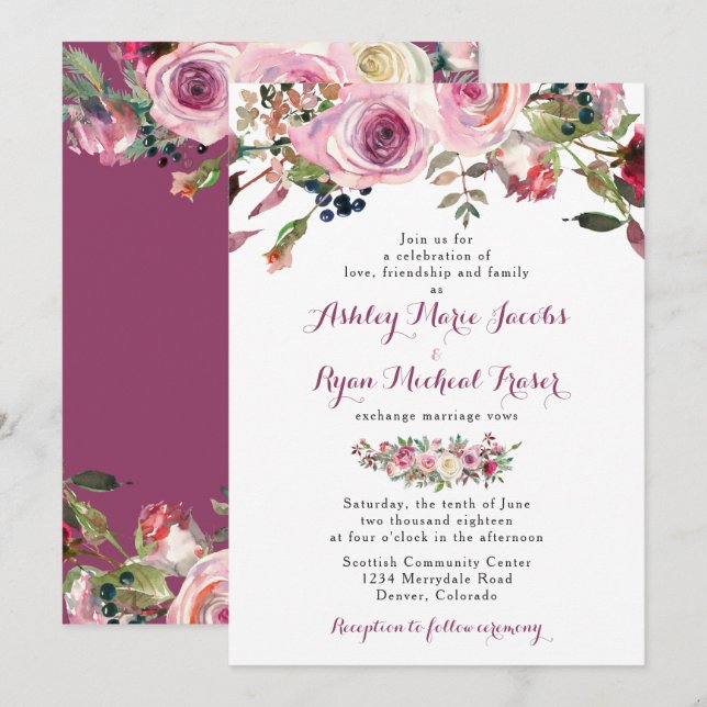 Invitación a la Boda Floral Rosa de Moda Púrpura (Anverso / Reverso)