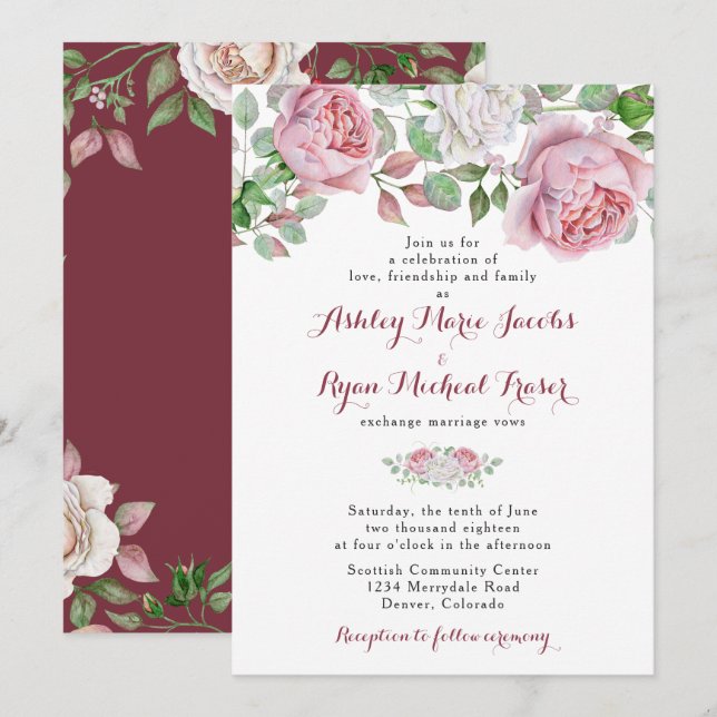 Invitación a la boda floral Rosa de Moda rosa de B (Anverso / Reverso)