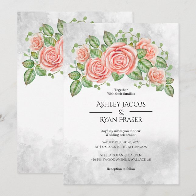 Invitación a la boda floral rosa de Rubor (Anverso / Reverso)