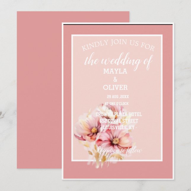 Invitación a la boda floral rosa de Rubor (Anverso / Reverso)