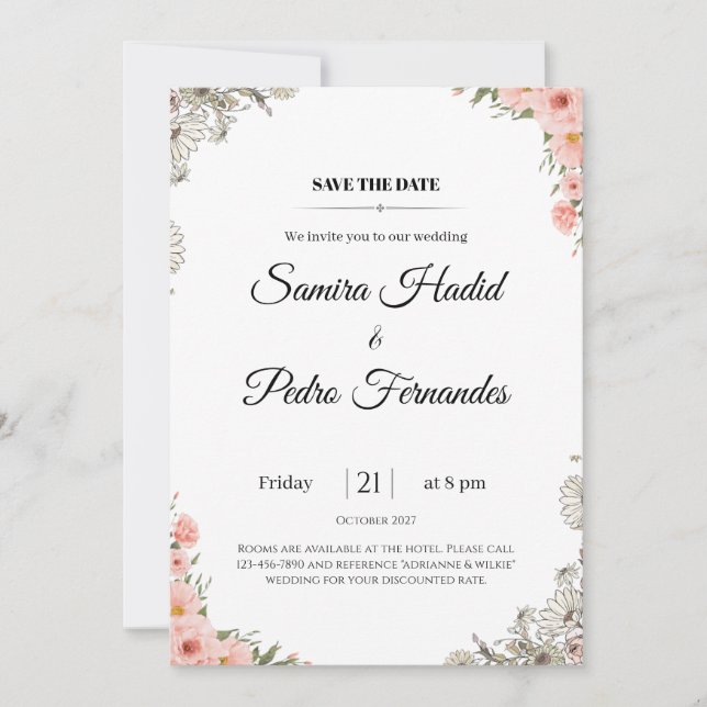 Invitación a la boda floral rosa Elegante Minimali